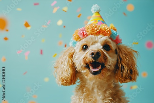 Happy Dog Celebrating Birthday With Colorful Party Hat and Confetti in Cheerf...