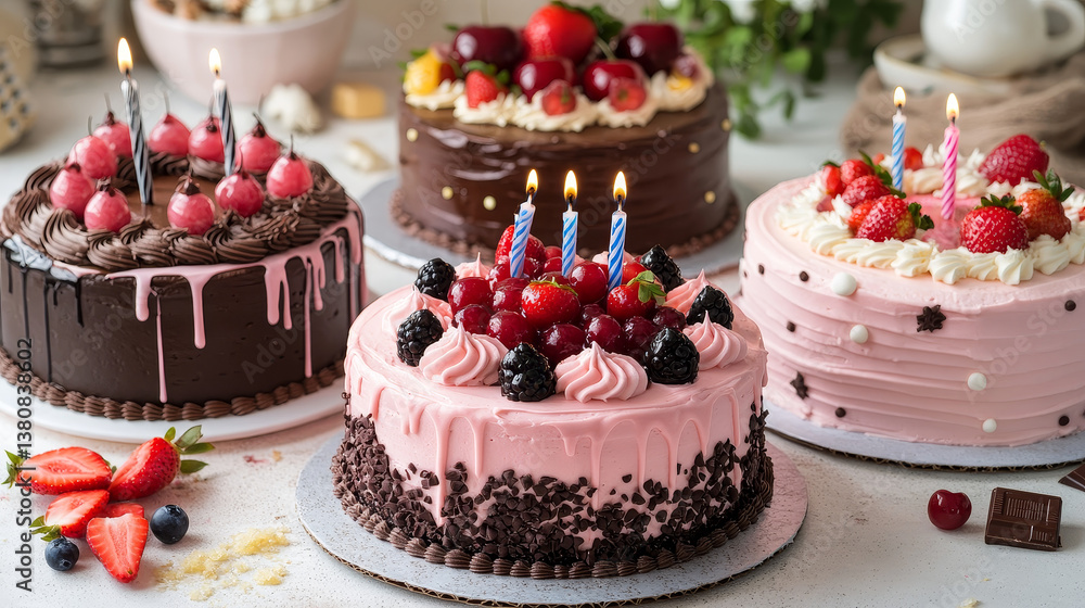 Sweet baked isolated cakes set. Strawberry icing cake for holiday, cupcake, baked brown chocolate cake gourmet, colorful celebration cherry cake bakery. Birthday cake with candles and fruits. Vector Sweet baked isolated cakes set. Strawberry icing cake for holiday, cupcake, baked brown chocolate cake gourmet, colorful celebration cherry cake bakery. Birthday cake with candles and fruits. Vector
