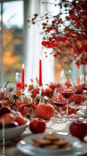 Elegant Dining Setting With Red Wine and Fresh Apples in a Cozy Atmosphere Du...
