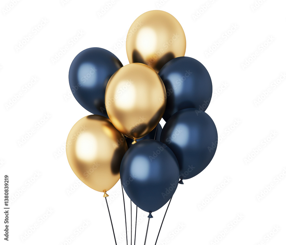 Fototapeta premium Colorful balloons in gold and navy blue for celebration events on a transparent background, cut out