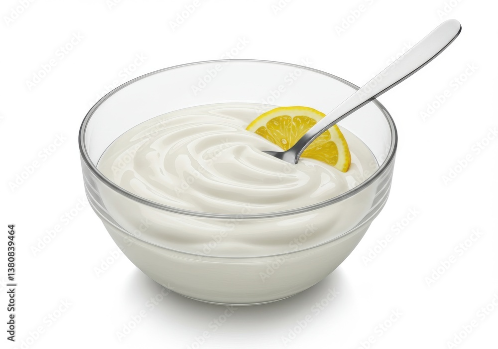 A clear bowl filled with white yogurt and a lemon slice with a spoon on a white background A clear bowl filled with white yogurt and a lemon slice with a spoon on a white background