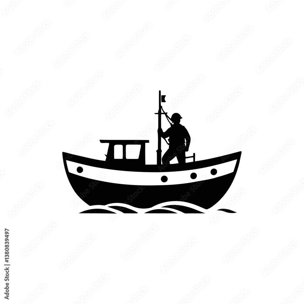 A black and white vector silhouette of a lifeboat with a rescue team onboard, floating on the water on a white background. A black and white vector silhouette of a lifeboat with a rescue team onboard, floating on the water on a white background.