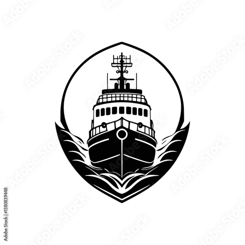 A black and white vector silhouette of a lifeboat with multiple seats, prepared for rescue on a white background.