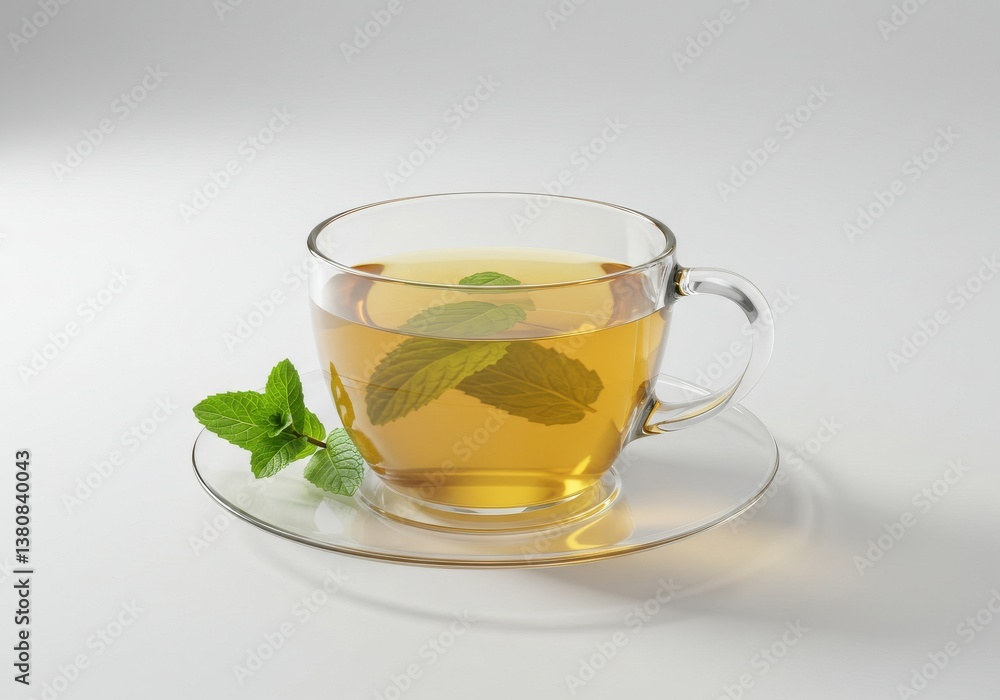 A clear glass cup filled with tea and mint leaves on a saucer on a white background surface A clear glass cup filled with tea and mint leaves on a saucer on a white background surface