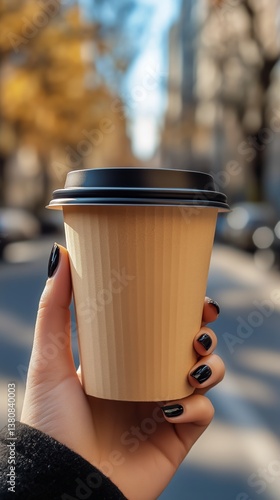 Warm Beverage Held in Hand Amidst a Busy City Street During the Evening