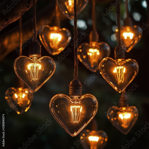 Heart-shaped Lanterns Illuminate a Cozy Outdoor Gathering Space at Night