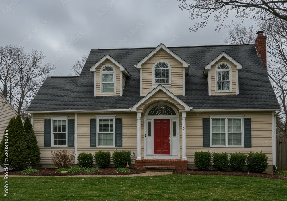 Obraz premium View of a two story suburban house with a red door and dormer windows on a cloudy day in the suburbs