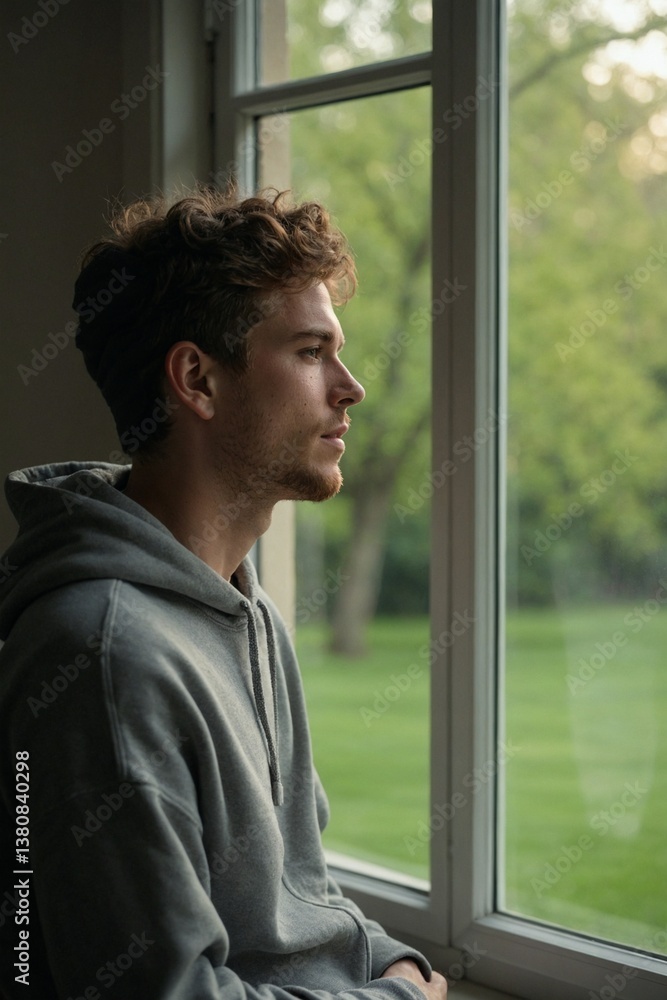 Hopeful Young Man Looking Through a Window at a Green Expanse, Contemplating the Future with a Sense of Peace Hopeful Young Man Looking Through a Window at a Green Expanse, Contemplating the Future with a Sense of Peace
