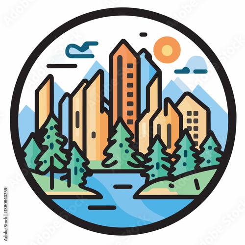 Cityscape buildings loom above trees lining water riverside outdoors day