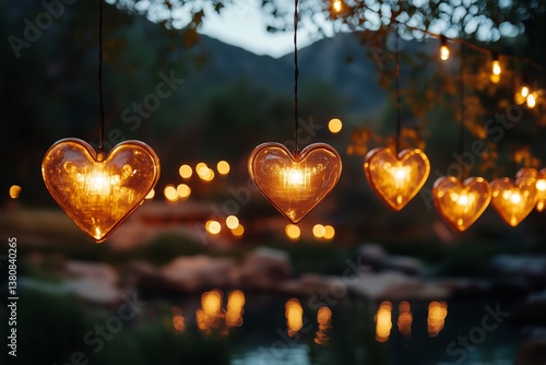 Heart-shaped Lights Illuminate a Serene Outdoor Setting During Sunset Near Trees