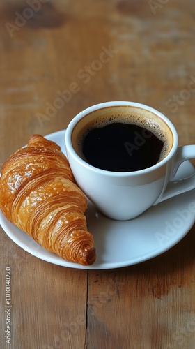 Warm Coffee and Flaky Croissant on Wooden Table During Morning Hours