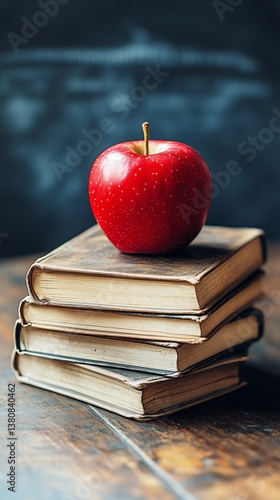 Classic Books Stacked Under a Shiny Red Apple in a Bright Learning Environment