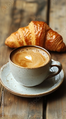 Warm Coffee and Flaky Croissant on Wooden Table During Morning Hours