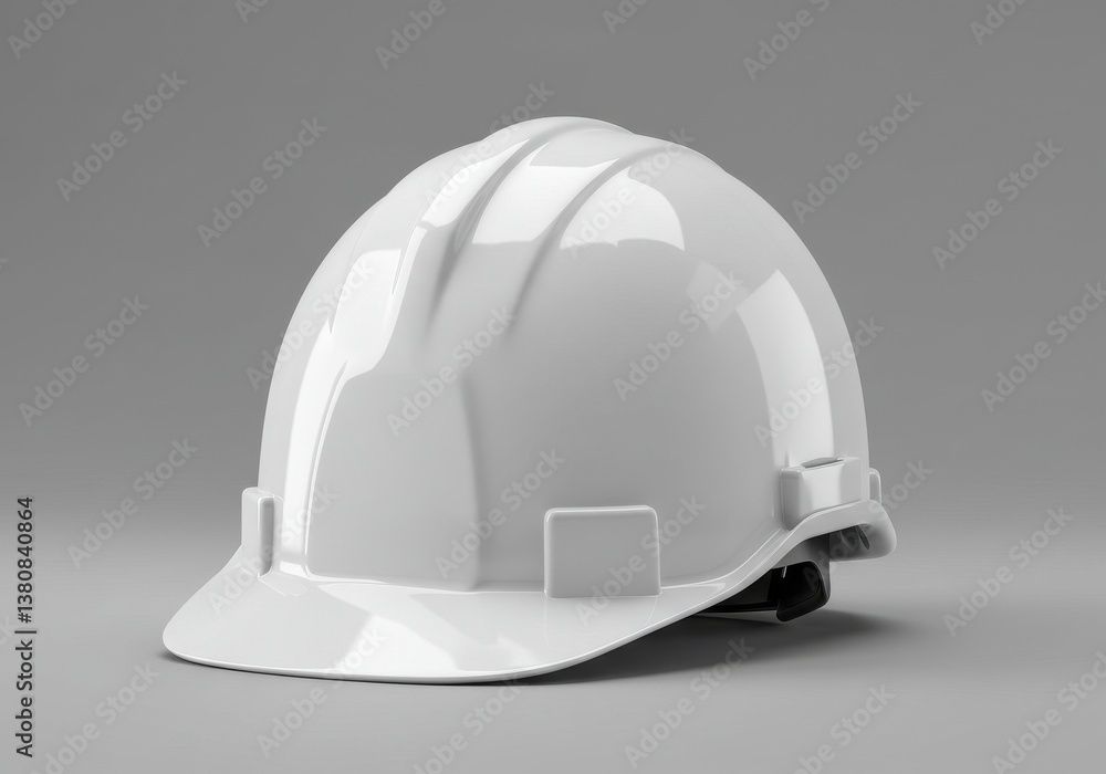 Fototapeta premium A studio shot of a white hard hat on a gray background with a smooth surface and soft lighting