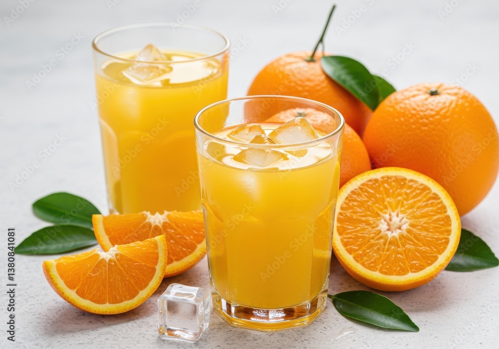 Two glasses of orange juice with ice and several oranges on a bright surface background image Two glasses of orange juice with ice and several oranges on a bright surface background image