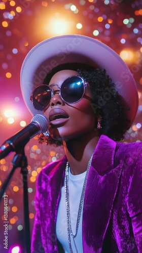 Captivating Singer Performing on Stage During a Vibrant Evening Event With Sp...