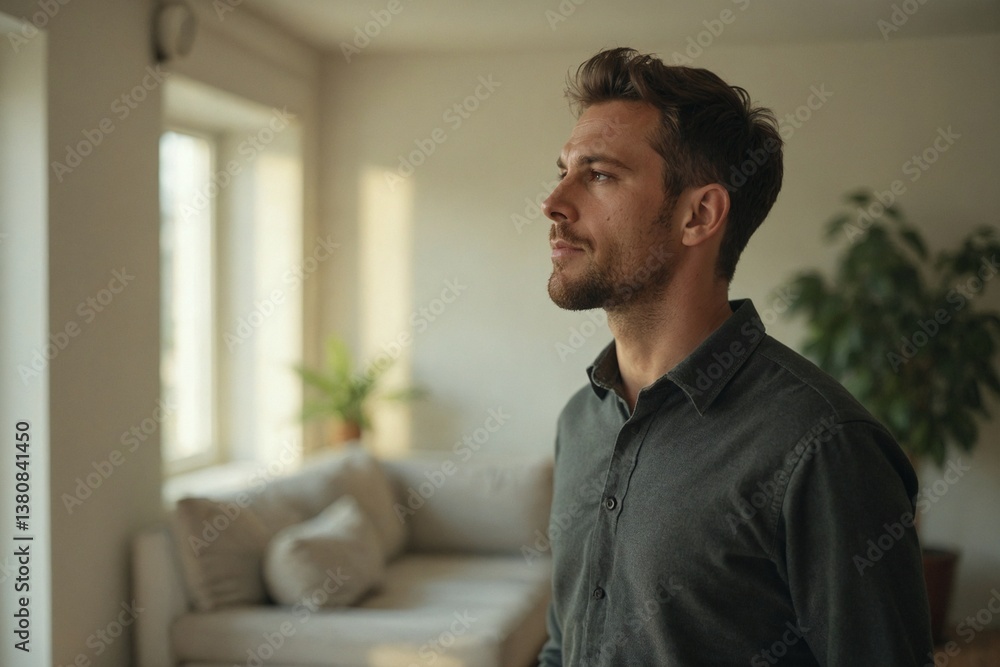 Serene Young Man Enjoying a Quiet Moment in His Modern Apartment, Looking Outward with a Peaceful Expression Serene Young Man Enjoying a Quiet Moment in His Modern Apartment, Looking Outward with a Peaceful Expression