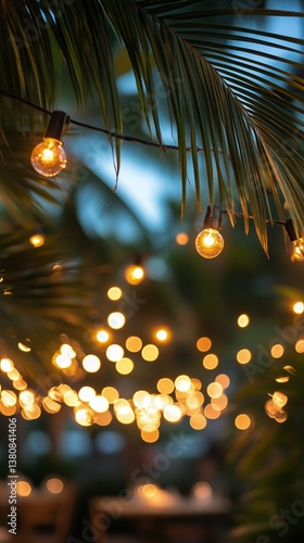 Warm Glowing Lights Create a Cozy Atmosphere Among Lush Green Palm Leaves in ...