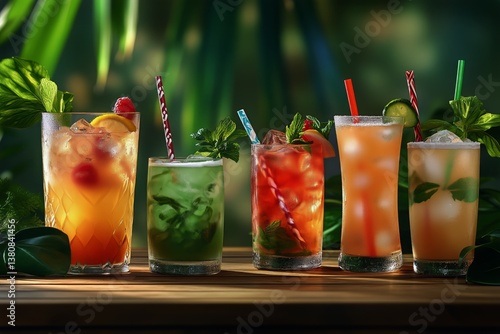 Refreshing Summer Drinks in Colorful Glasses on a Sunny Afternoon in a Garden