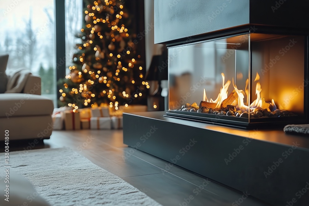 Obraz premium Warm Holiday Living Room With Fireplace, Decorated Tree, and Presents for Christmas Celebration