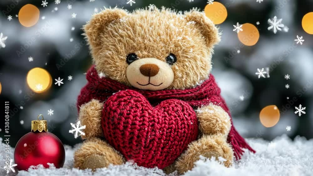Cozy teddy bear holding red heart in snowy winter wonderland with christmas ornaments. The 14th of February. Happy Valentine's Day Cozy teddy bear holding red heart in snowy winter wonderland with christmas ornaments. The 14th of February. Happy Valentine's Day