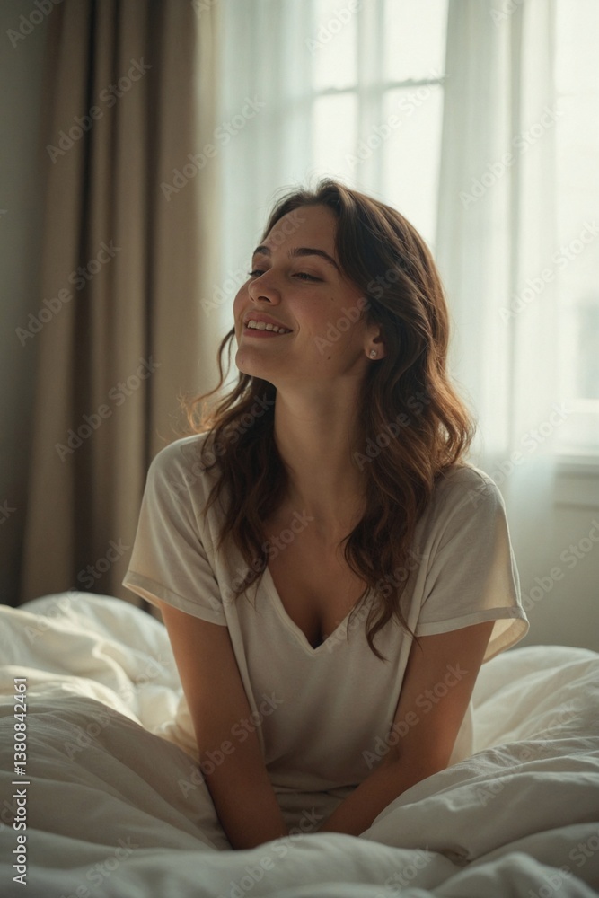 Tranquil Moment of Self-Care: Young Woman with a Gentle Smile Relaxing Indoors, Embracing Peace and Quiet for Mental Wellbeing Tranquil Moment of Self-Care: Young Woman with a Gentle Smile Relaxing Indoors, Embracing Peace and Quiet for Mental Wellbeing