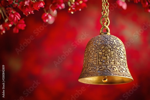 Bronze Decorative Bell Hanging Amidst Vibrant Red Flowers During a Festive Ce...
