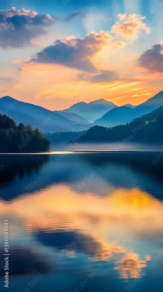 Unfolding Tranquility: A Serene Mountainous Landscape Under a Vibrant Twilight Sky Unfolding Tranquility: A Serene Mountainous Landscape Under a Vibrant Twilight Sky