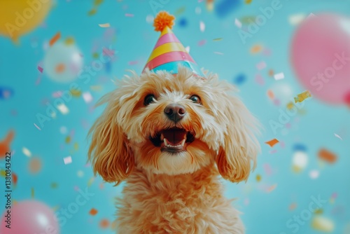 Happy Dog Celebrating Birthday With Colorful Party Hat and Confetti in Cheerf...
