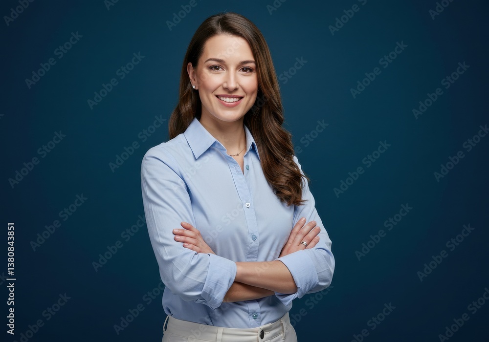Portrait of a smiling woman with arms crossed wearing a blue shirt against a dark blue background Portrait of a smiling woman with arms crossed wearing a blue shirt against a dark blue background