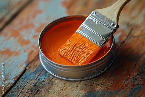 Brush Applying Vibrant Orange Paint From a Metal Can on Wooden Surface