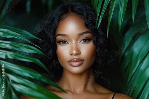A portrait of an attractive woman with clean, healthy skin surrounded by lush greenery, symbolizing natural beauty and skincare