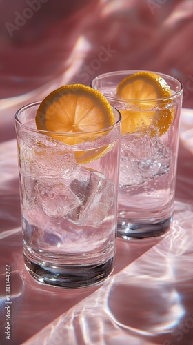 Refreshing Lemon Water Served in Clear Glasses With Vibrant Light and Soft Ba...