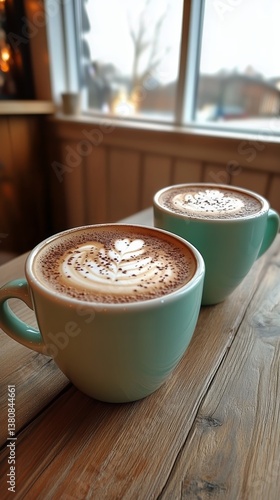 Delicious Coffee With Latte Art Served in Teal Cups on a Wooden Table