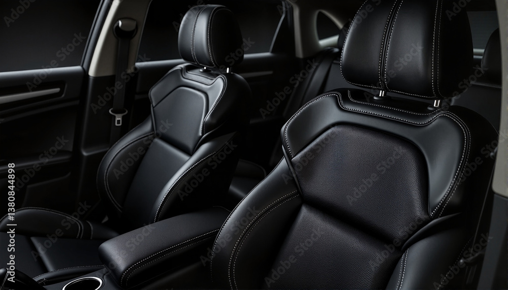 Obraz premium Interior of modern car with sleek black leather seats for blogs, websites, automotive design projects, interior decoration, car accessories, and vehicle-related content