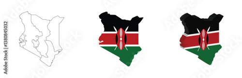 Kenya outline, fill with flag and 3d map