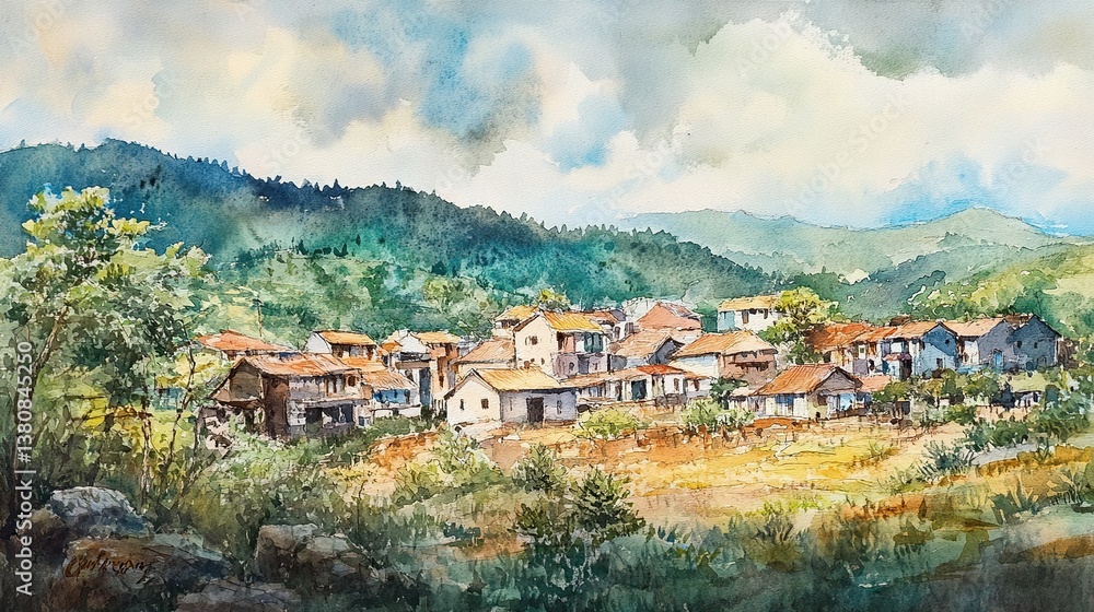 Naklejka premium A handmade illustration artistic watercolor painting of a serene village.