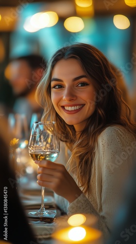 Smiling Woman Enjoying Dinner With Friends at a Cozy Restaurant in the Evening