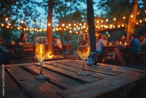 Evening Gathering With Drinks Under Fairy Lights in a Cozy Outdoor Setting