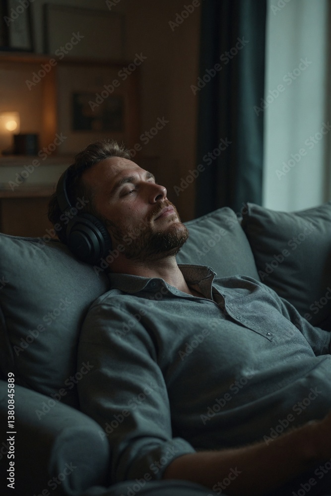 Content Man Enjoying Audio Content with Wireless Headphones While Lounging on a Couch in a Cozy Atmosphere Content Man Enjoying Audio Content with Wireless Headphones While Lounging on a Couch in a Cozy Atmosphere