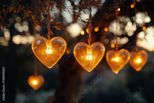 Heart-shaped Lights Illuminate a Serene Outdoor Setting During Sunset Near Trees