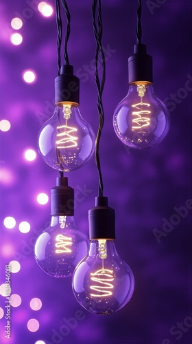 Hanging Vintage Light Bulbs Casting a Warm Glow in a Purple Illuminated Setting