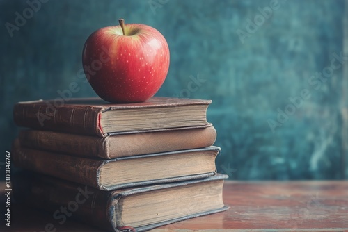 Books Stacked With a Red Apple Placed on Top, Symbolizing Knowledge and Educa...