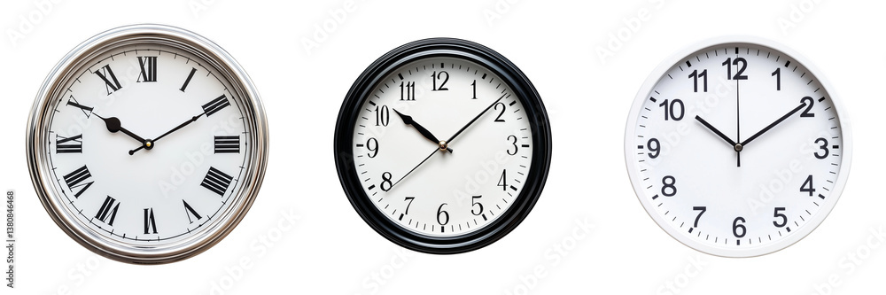 Set of A close-up shot of an analog POE IP Network NTP wall clock with a sleek metal frame mounted on a modern office wall on transparent png background Set of A close-up shot of an analog POE IP Network NTP wall clock with a sleek metal frame mounted on a modern office wall on transparent png background