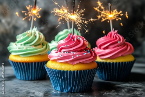 Colorful Cupcakes With Sparklers for Celebration at a Festive Gathering Durin...