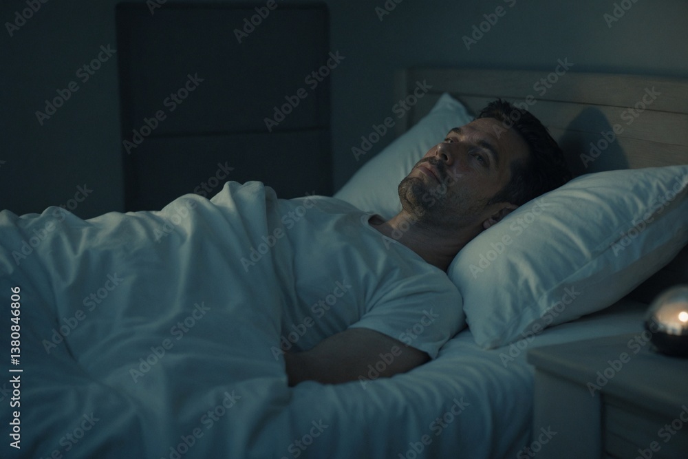 Peaceful Sleep and Tranquil Rest: A Man Sleeping Soundly in a Dimly Lit Bedroom for Health, Wellness, and Lifestyle Content Peaceful Sleep and Tranquil Rest: A Man Sleeping Soundly in a Dimly Lit Bedroom for Health, Wellness, and Lifestyle Content