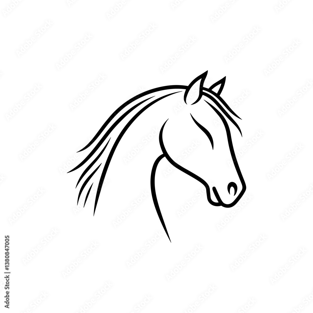 Fototapeta premium Elegant Horse Outline Vector Illustration in Black. he black outline of a horse's head with flowing mane. Minimalist design on a white background, perfect for logos or decor.