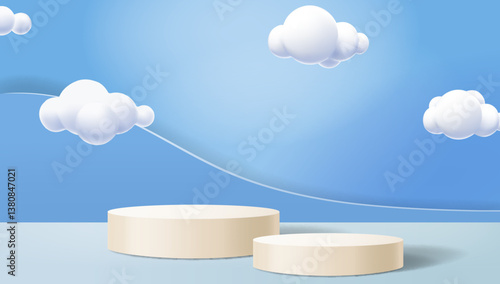 3D rendering round stage with cartoon clouds and white podium clouds. light blue papercut background empty poster