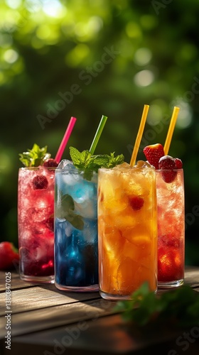 Refreshing Summer Drinks in Colorful Glasses on a Sunny Afternoon in a Garden