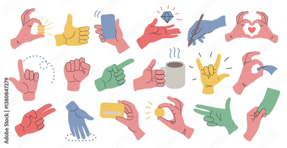 Obraz premium Set of hands gestures in doodle style. Finger gesturing human arms set., heart and money, handshake. Thumb finger up. Pointing forefinger, pencil and bank card